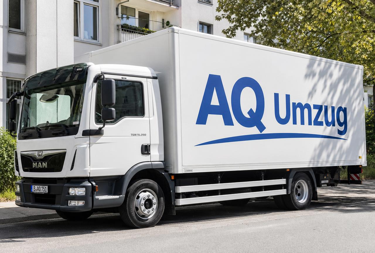 Moderner Umzugs-LKW von AQ Umzug mit blauem Schriftzug